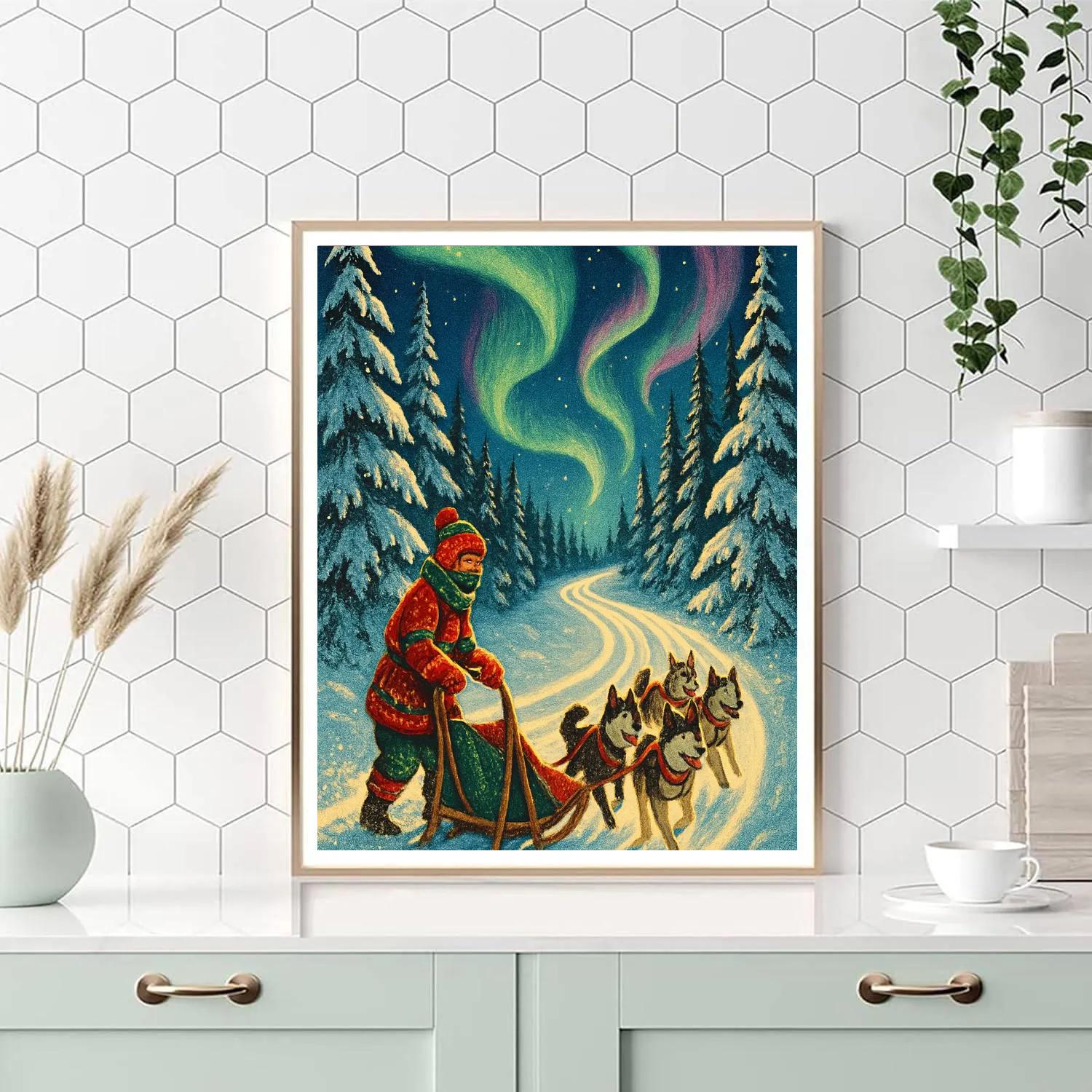 Northern Lights Dog Sled Trail paint by numbers