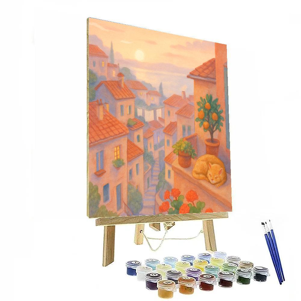 Apricot Sunrise Above The Hillside Rooftops paint by number