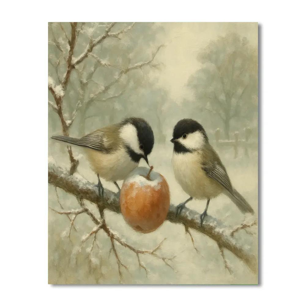 Snowy Orchard Chickadees And Winter Apples Numbered painting kits