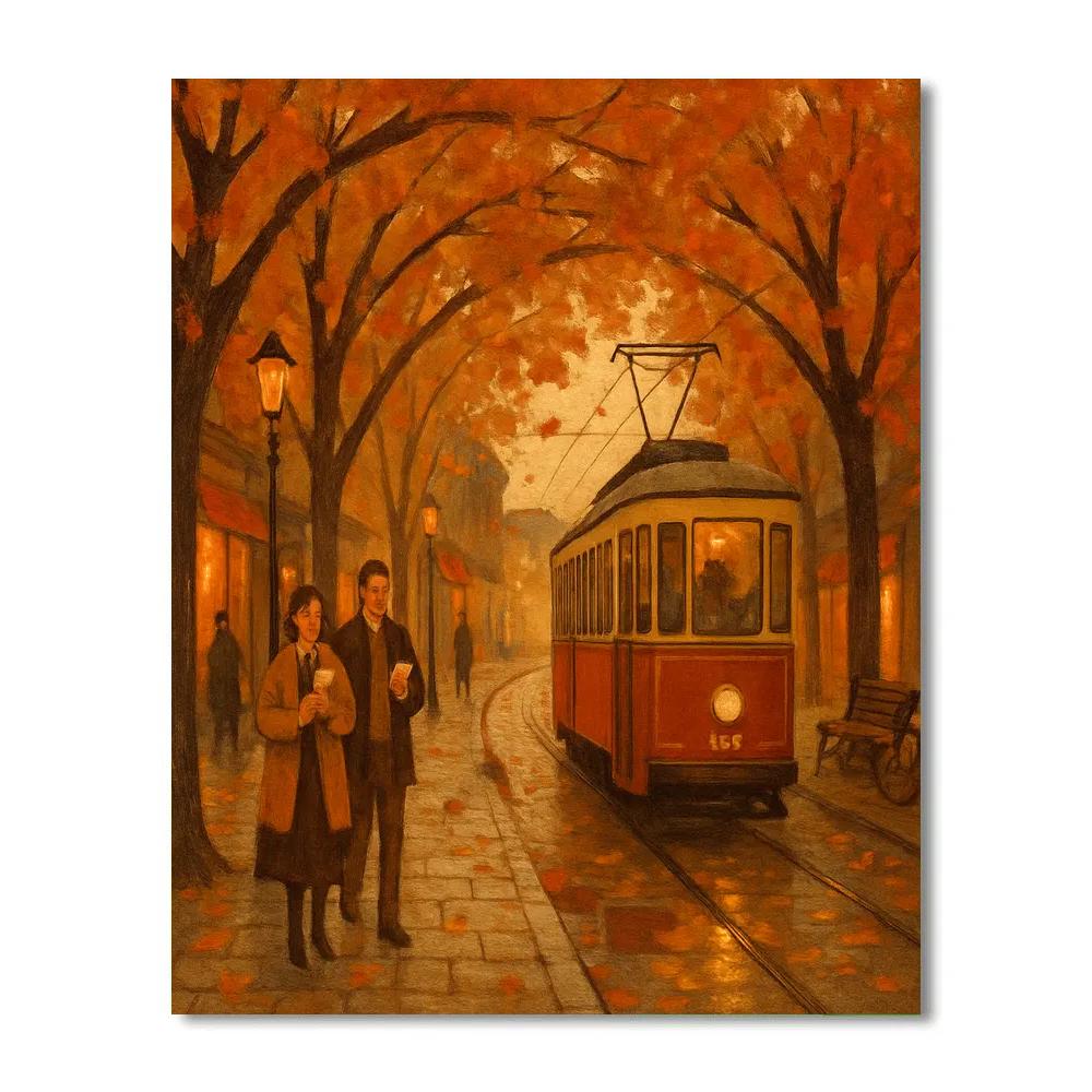 Autumn Tram Through The Maple Arcade paint by color