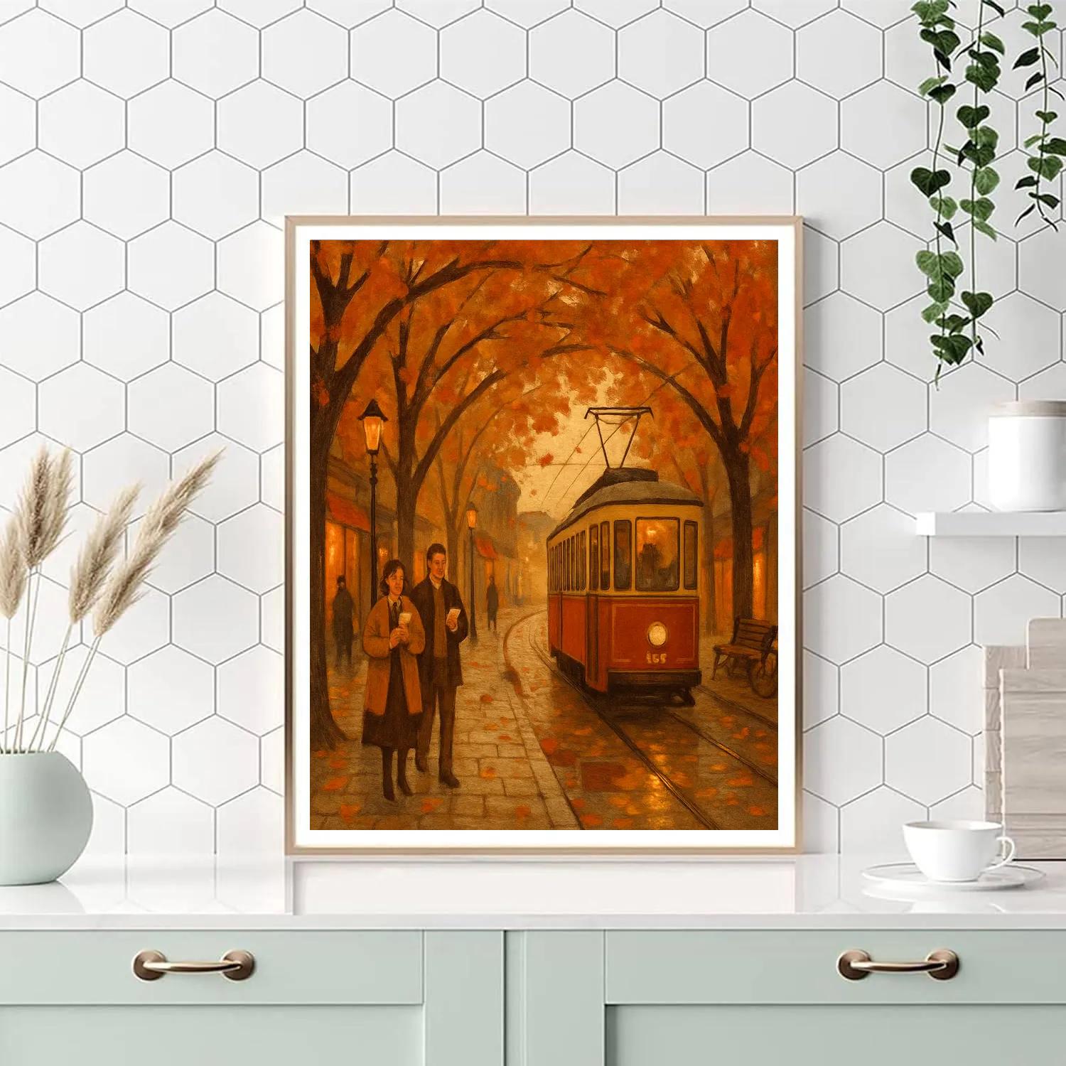 Autumn Tram Through The Maple Arcade paint by color
