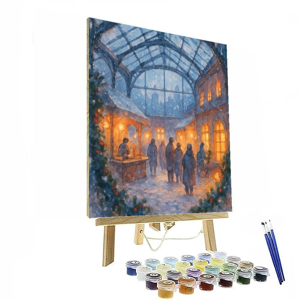 Snowlit Market Courtyard Under Glass Roof paint by numbers