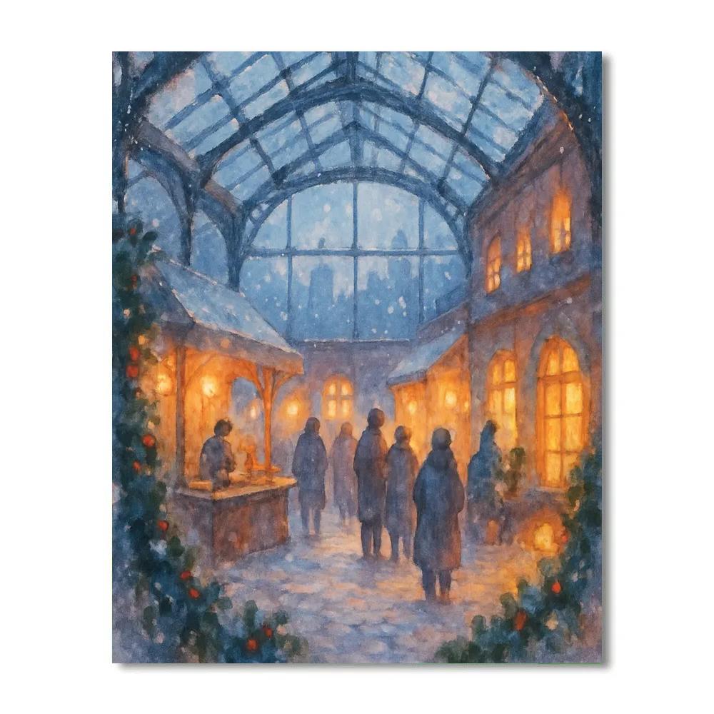 Snowlit Market Courtyard Under Glass Roof paint by numbers