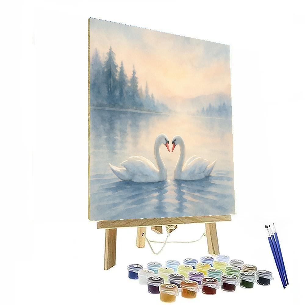 Misty Lake Swans Under Pearl Dawn paint by number
