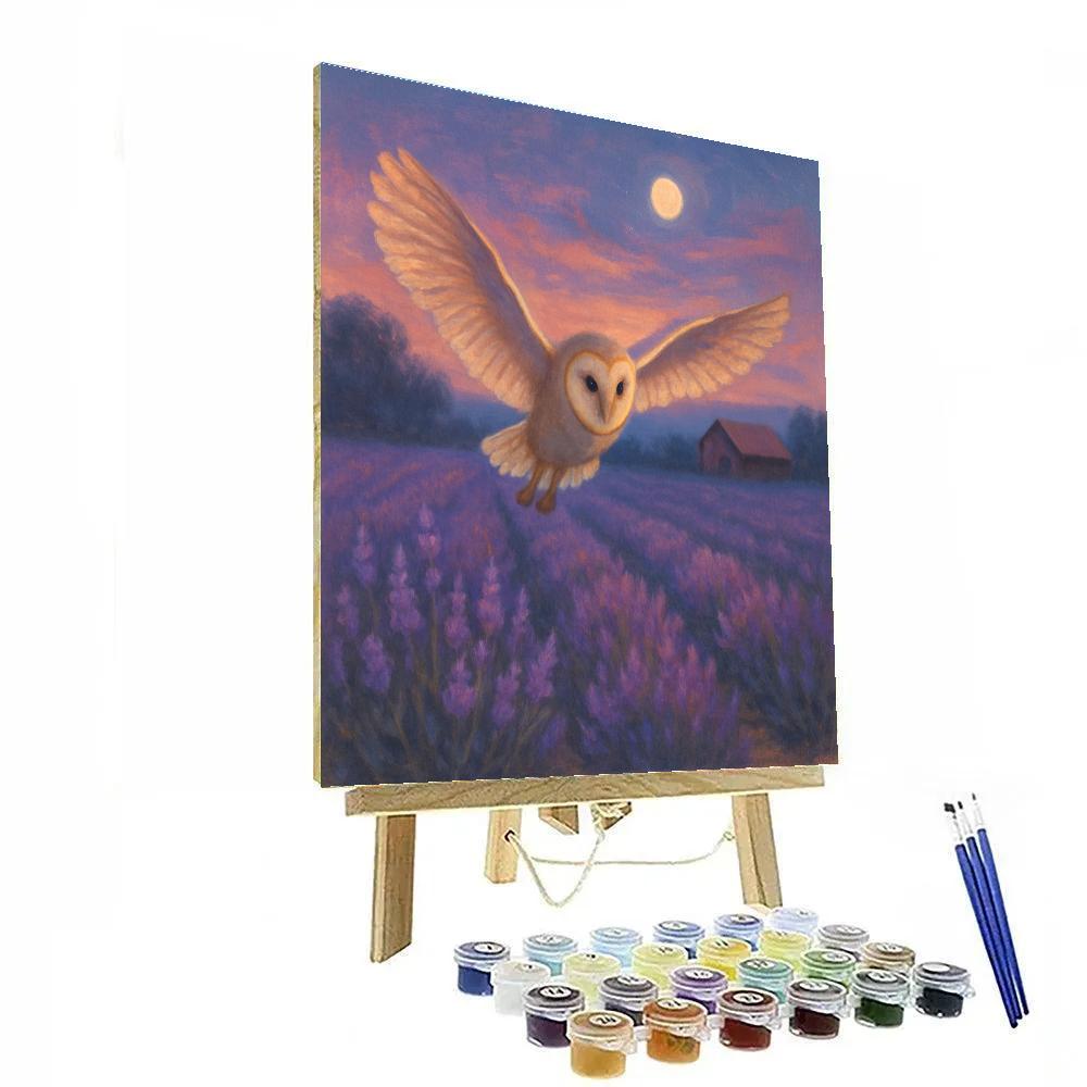 Twilight Barn Owl Over The Lavender Field Edge paint by color