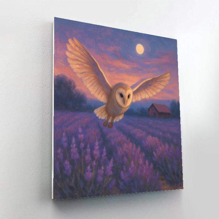 Twilight Barn Owl Over The Lavender Field Edge paint by color