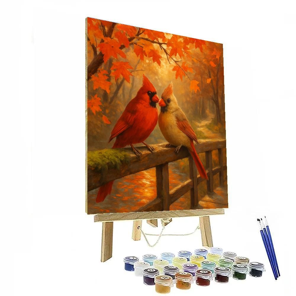 Autumn Bridge Cardinals In Maple Glow Painting by numbers kit