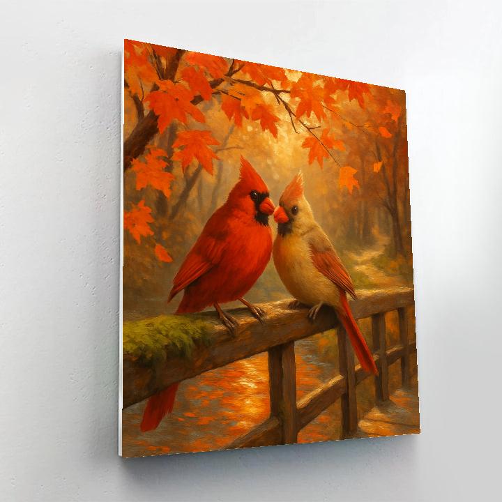 Autumn Bridge Cardinals In Maple Glow Painting by numbers kit