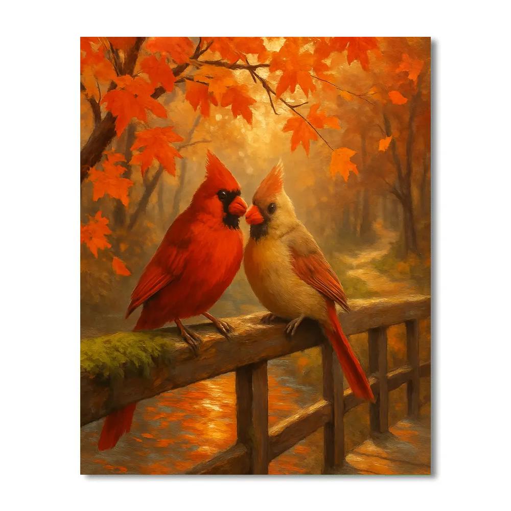 Autumn Bridge Cardinals In Maple Glow Painting by numbers kit