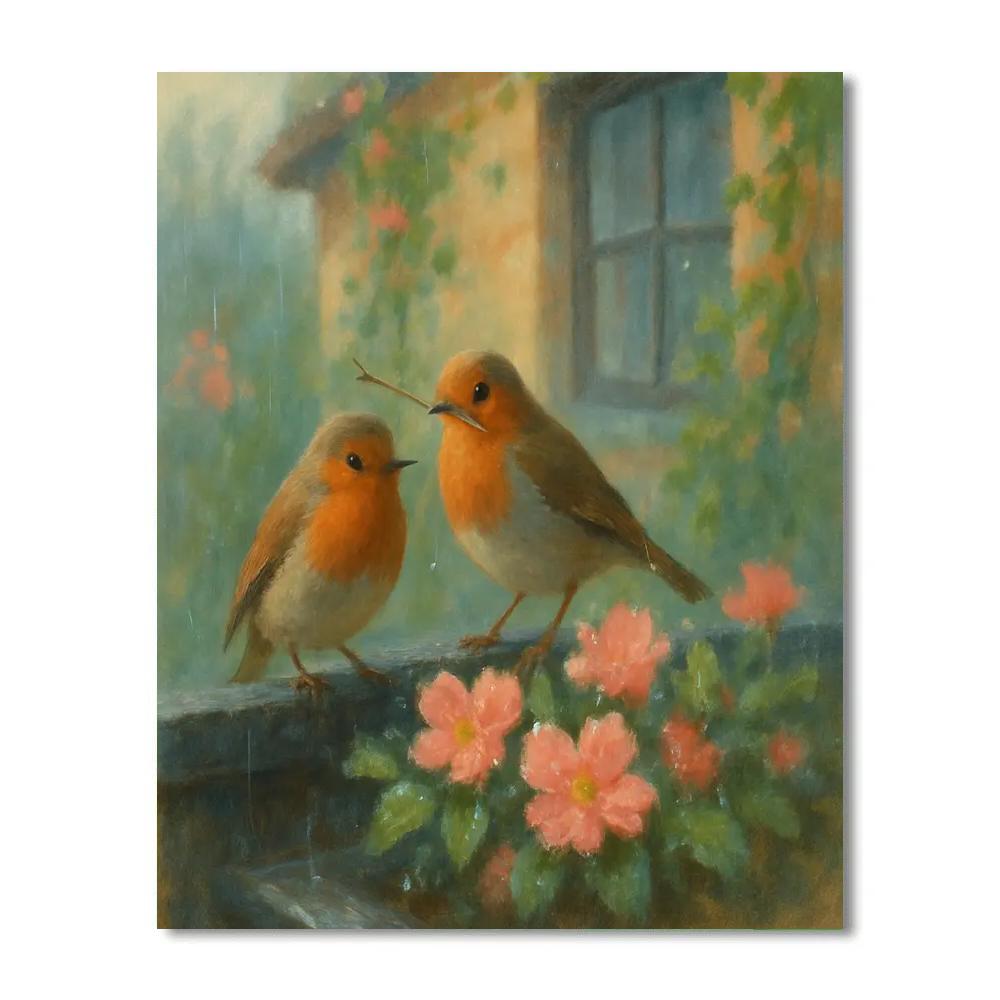Spring Windowbox Robins After A Rain Shower paint by color