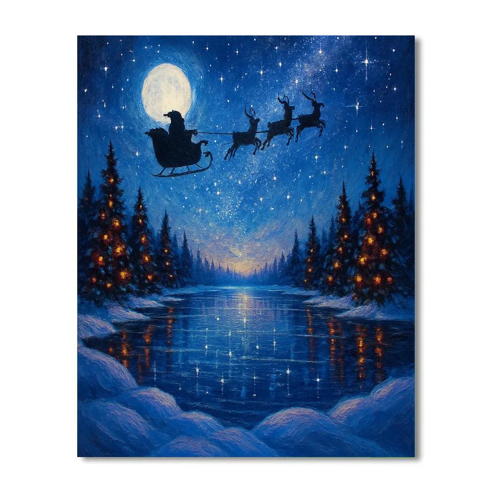 Midnight Sleigh Over Crystal Constellation Lake paint by number
