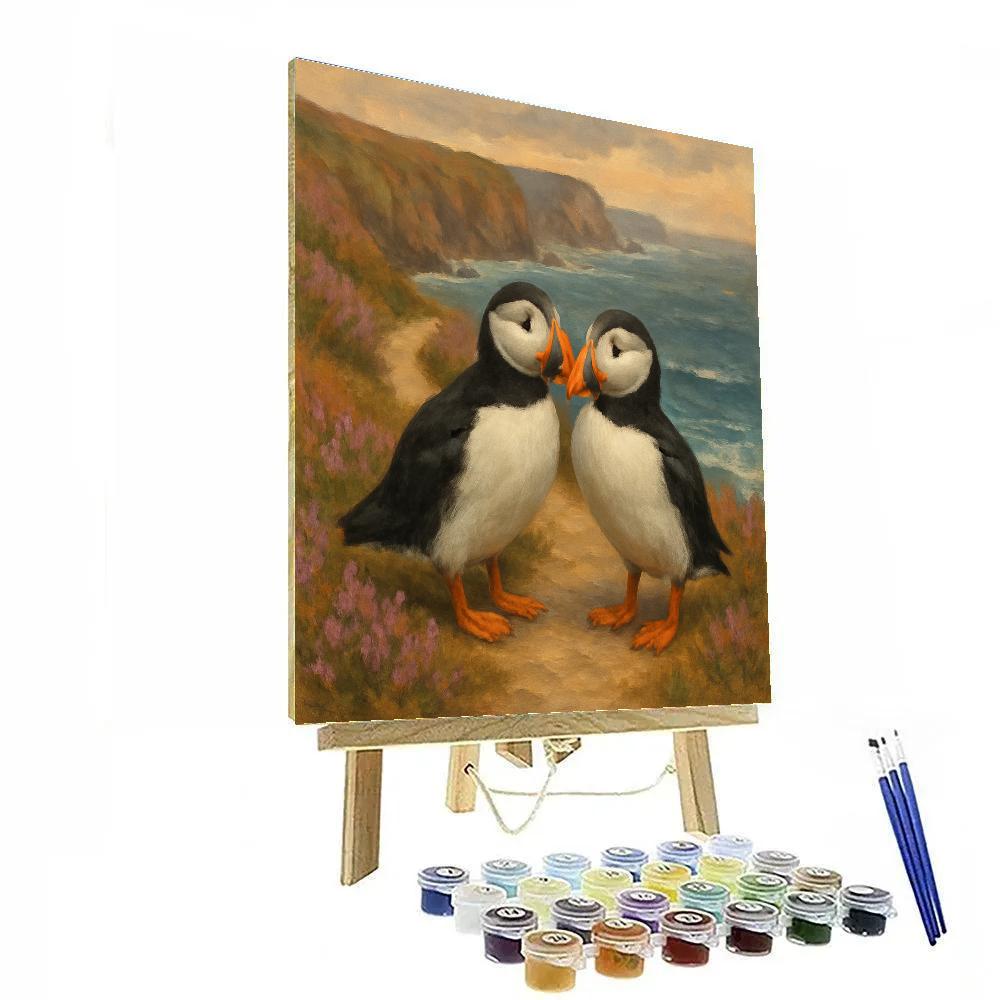 Coastal Puffins On The Heather Cliff Path paint by numbers