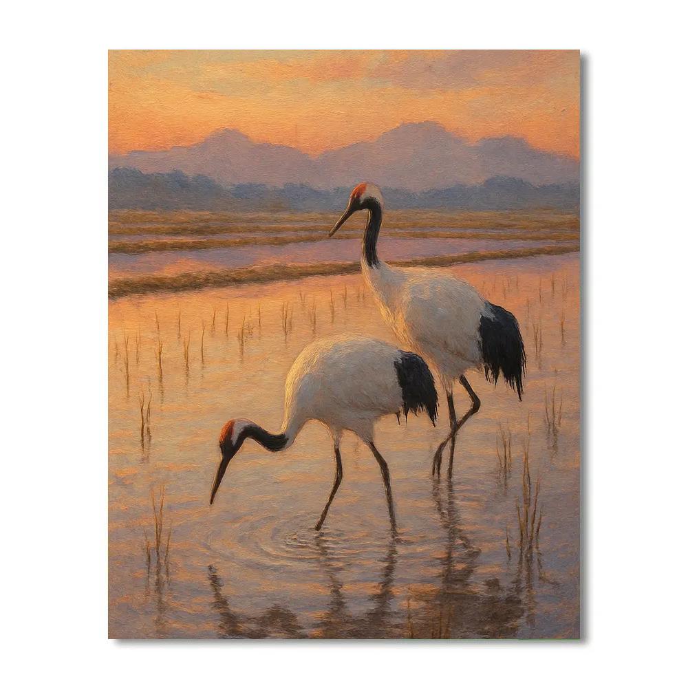 Evening Crane Pair In The Rice Field Mirror paint by numbers