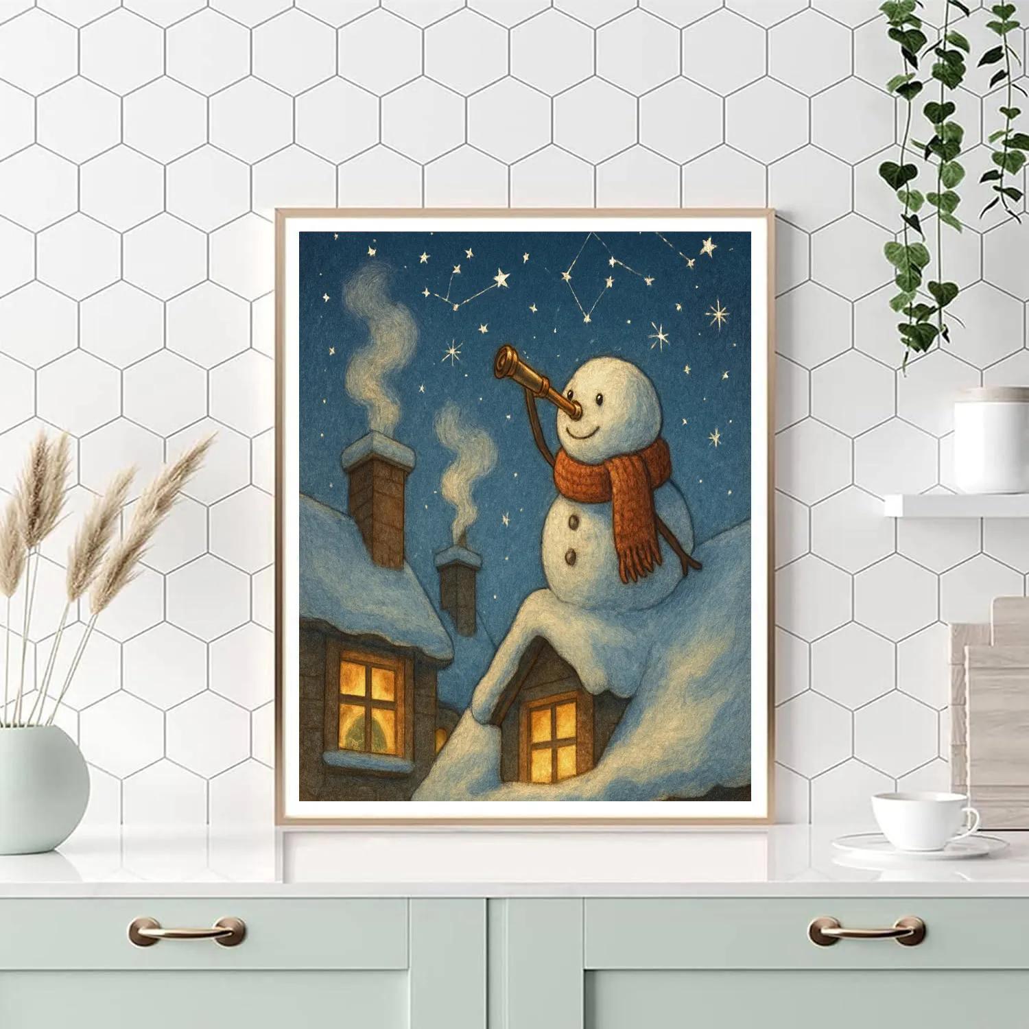 Stargazing Snowman On The Rooftop paint by number