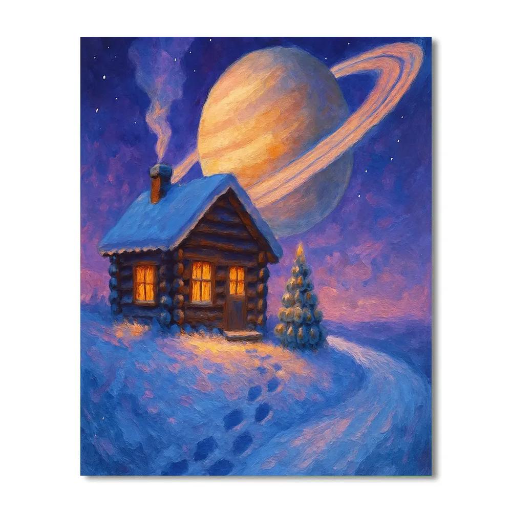 Snowy Cabin On The Ringed Planet DIY paint by numbers
