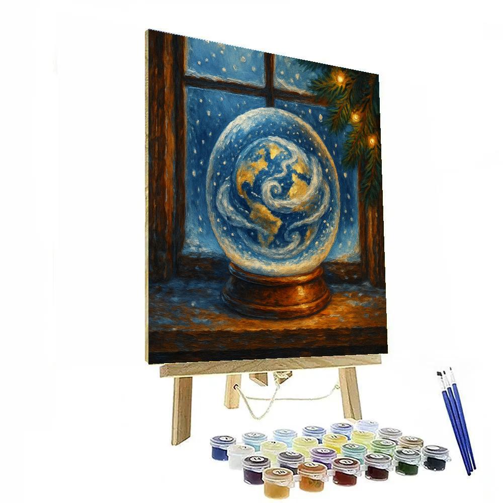 Snow Globe Planet In A Holiday Window painting number kit