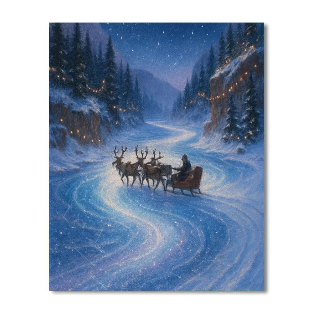 Reindeer Sleigh Over Frozen Galaxy River Paint by numbers kits