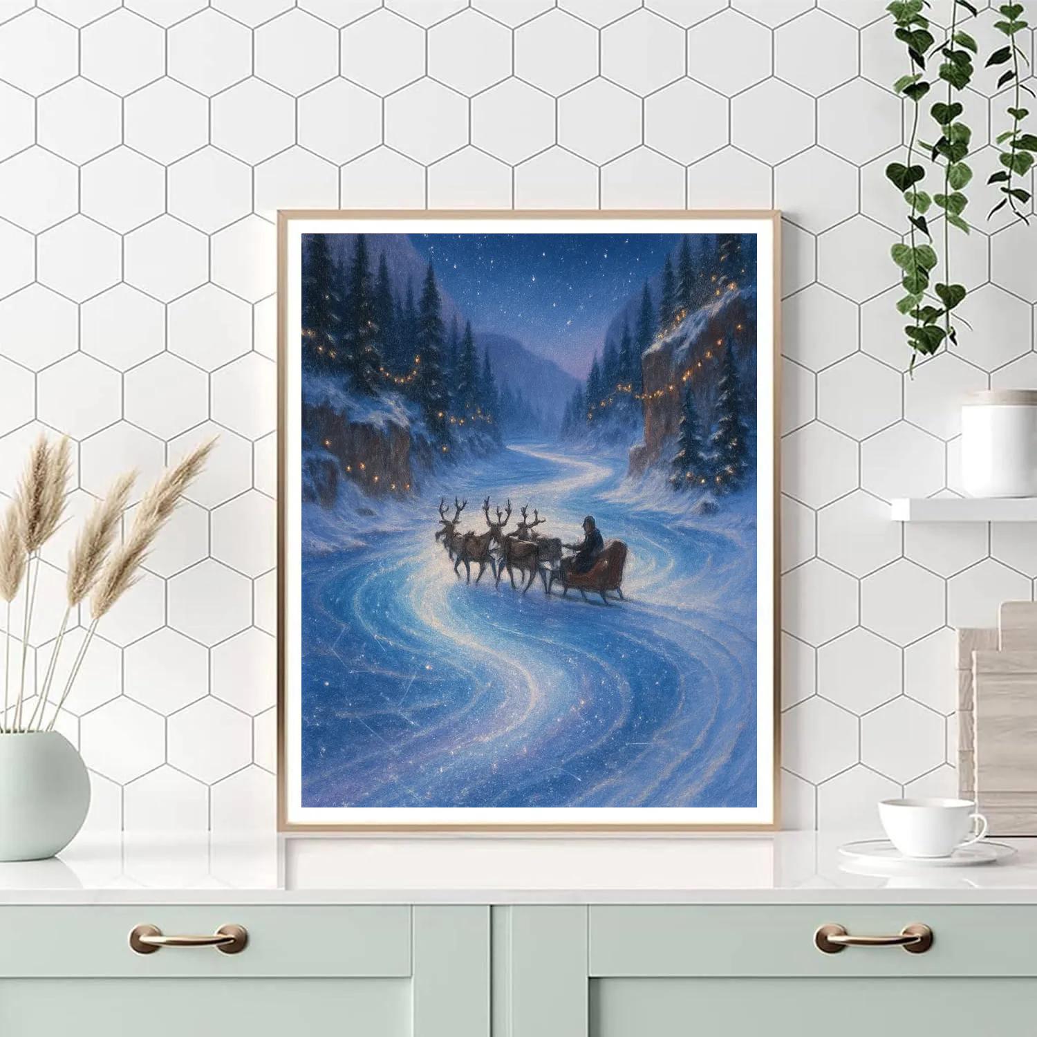 Reindeer Sleigh Over Frozen Galaxy River Paint by numbers kits