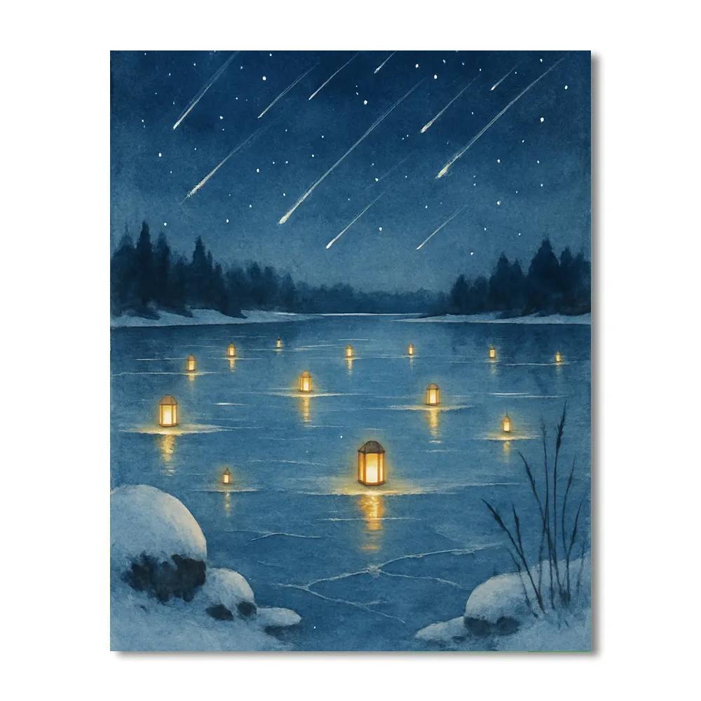 Falling Stars Over Frozen Lantern Lake paint by numbers