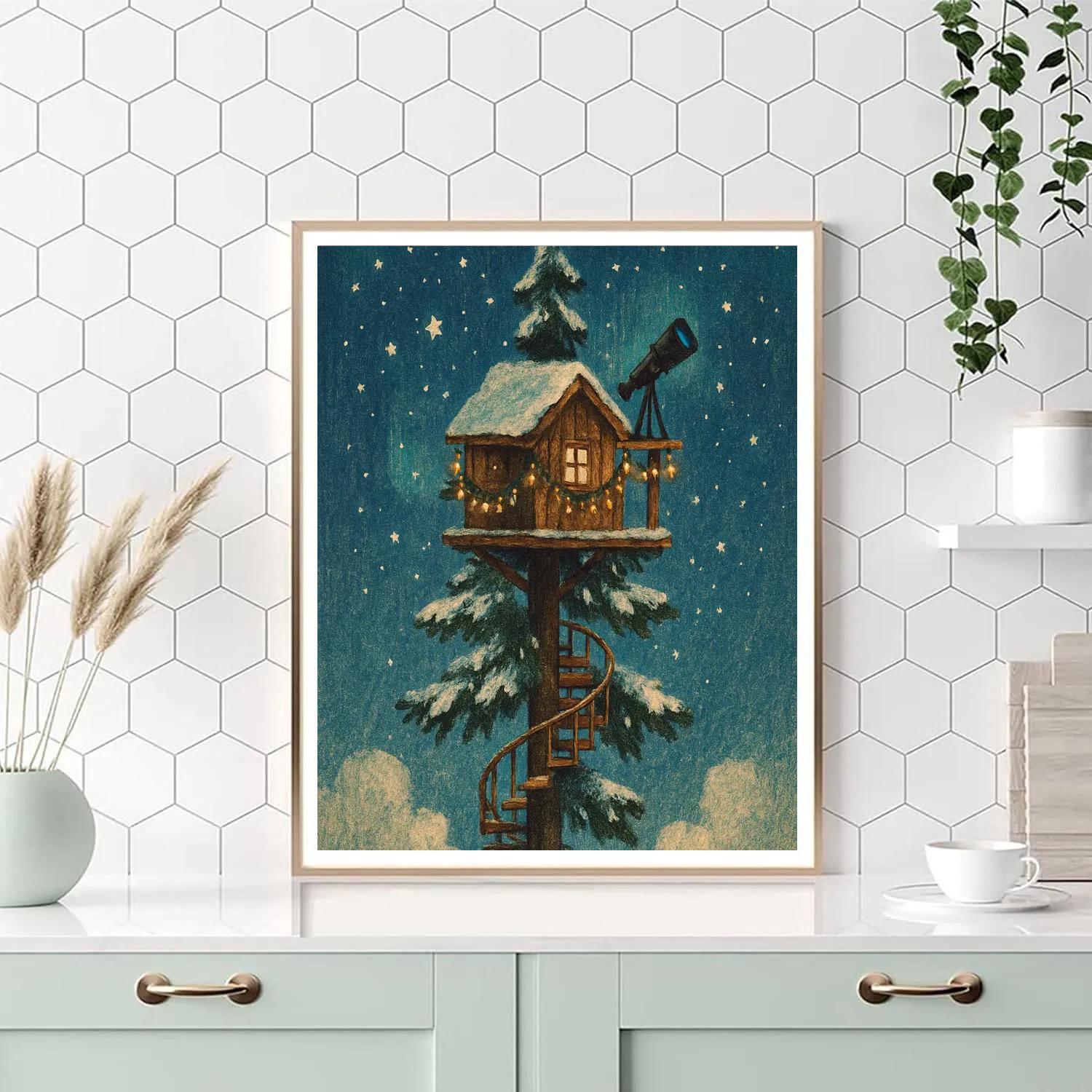Winter Observatory Treehouse Above The Clouds Paint by numbers kits