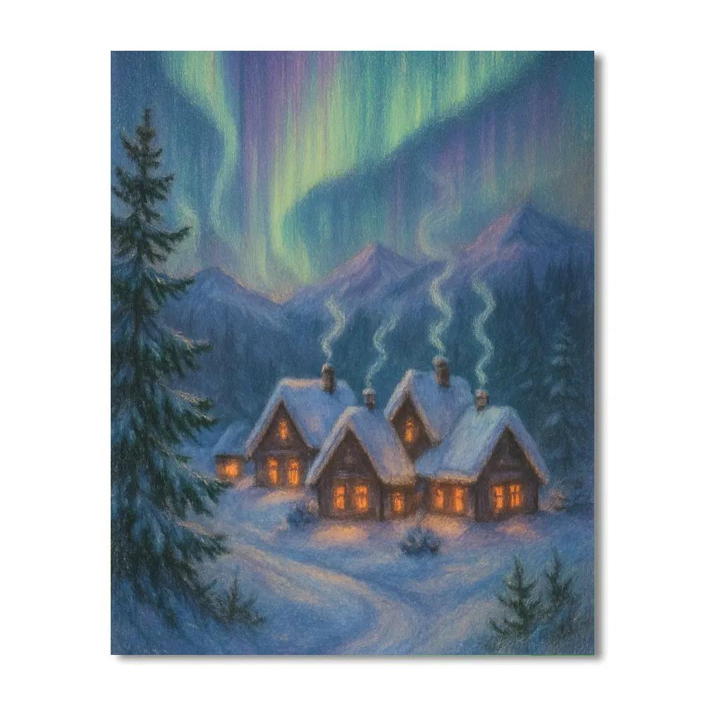 Christmas Aurora Over Mountain Village Numbered painting kits