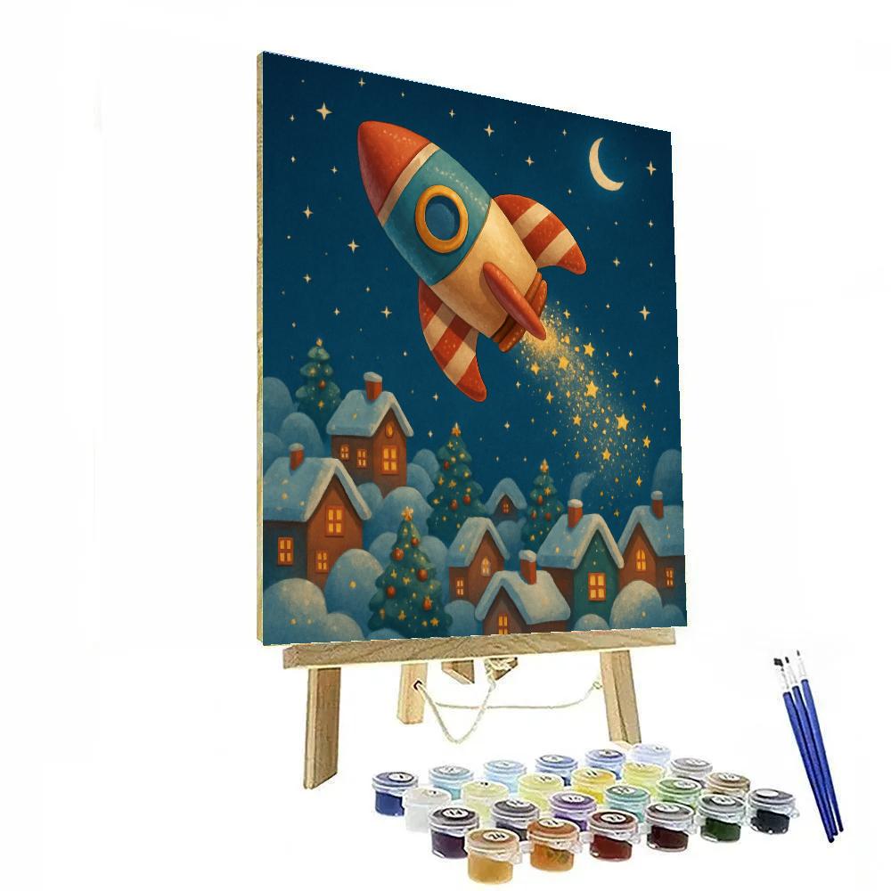 Toy Rocket Delivery Over Winter Town paint by number