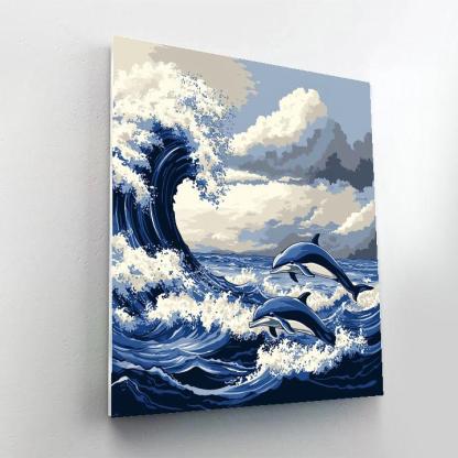 Katsushika Hokusai Inspired Ocean Storm With Dolphins Paint by numbers kits