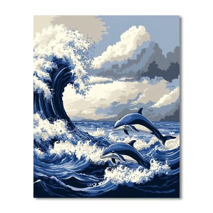 Katsushika Hokusai Inspired Ocean Storm With Dolphins Paint by numbers kits
