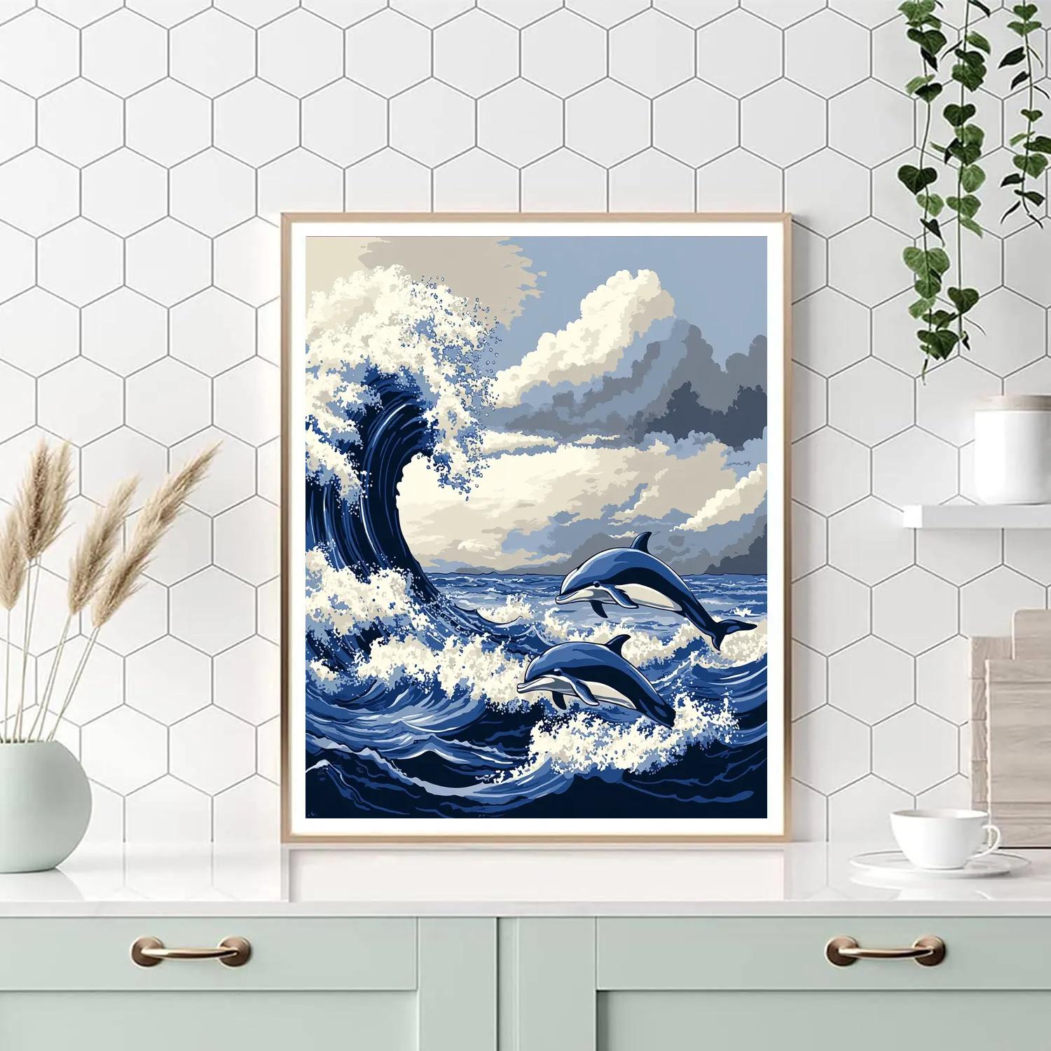 Katsushika Hokusai Inspired Ocean Storm With Dolphins Paint by numbers kits