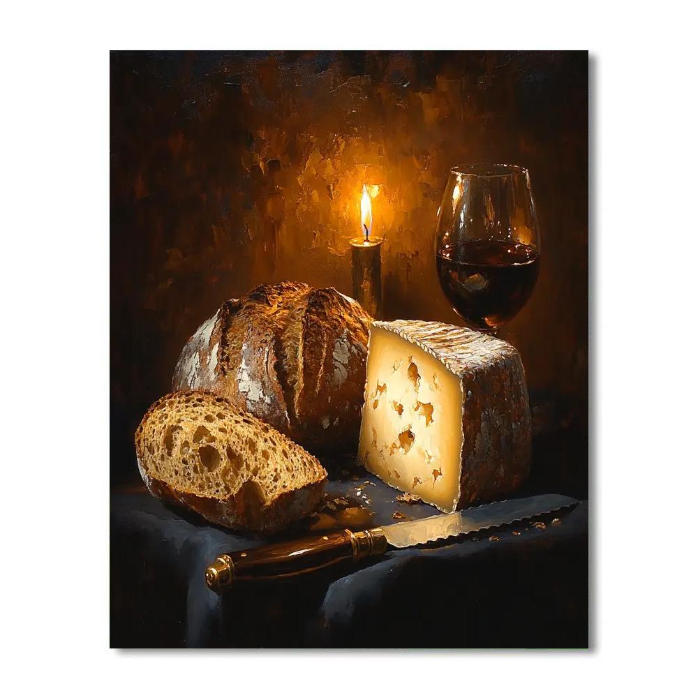 Rembrandt Inspired Candlelit Still Life With Bread And Cheese DIY paint by numbers