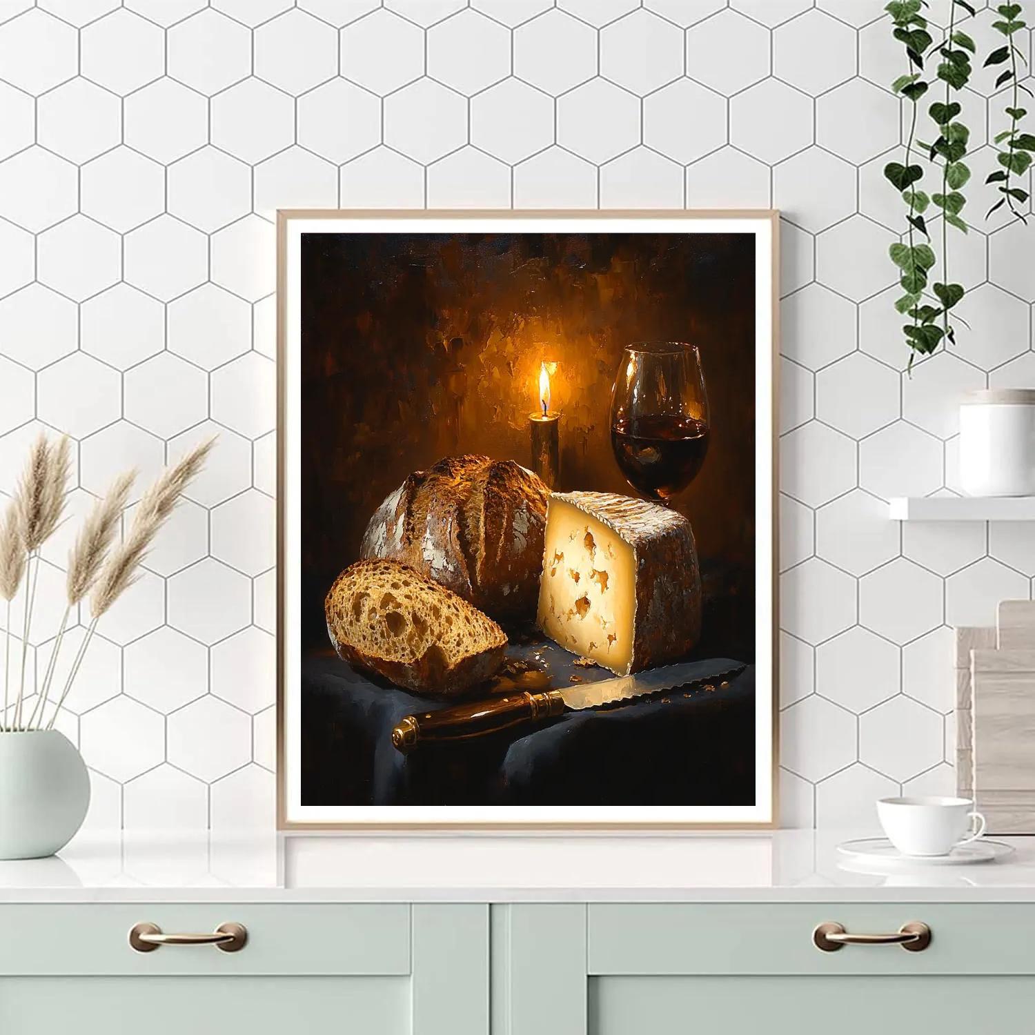 Rembrandt Inspired Candlelit Still Life With Bread And Cheese DIY paint by numbers