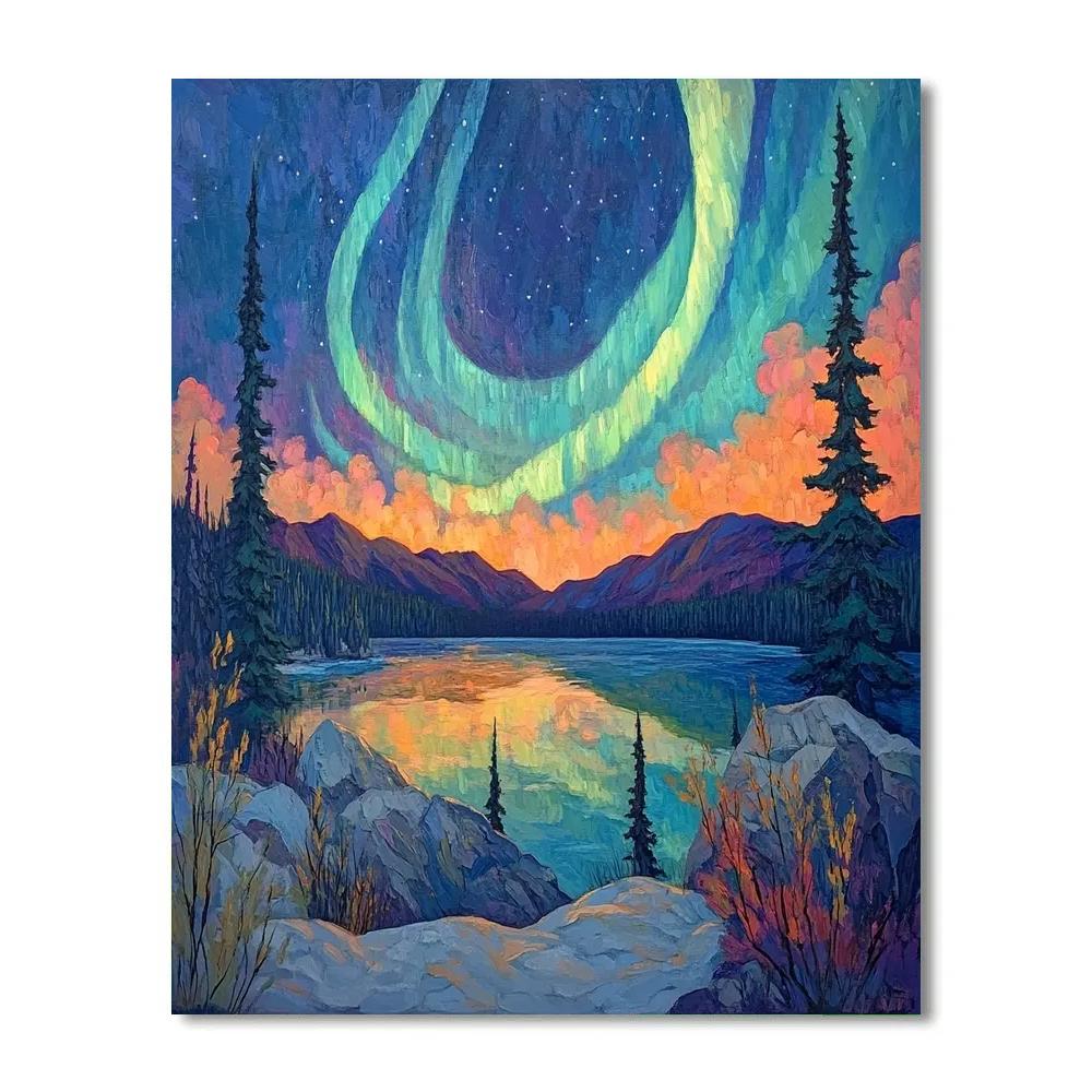 A.Y. Jackson Inspired Aurora Over The Laurentian Shield paint by number