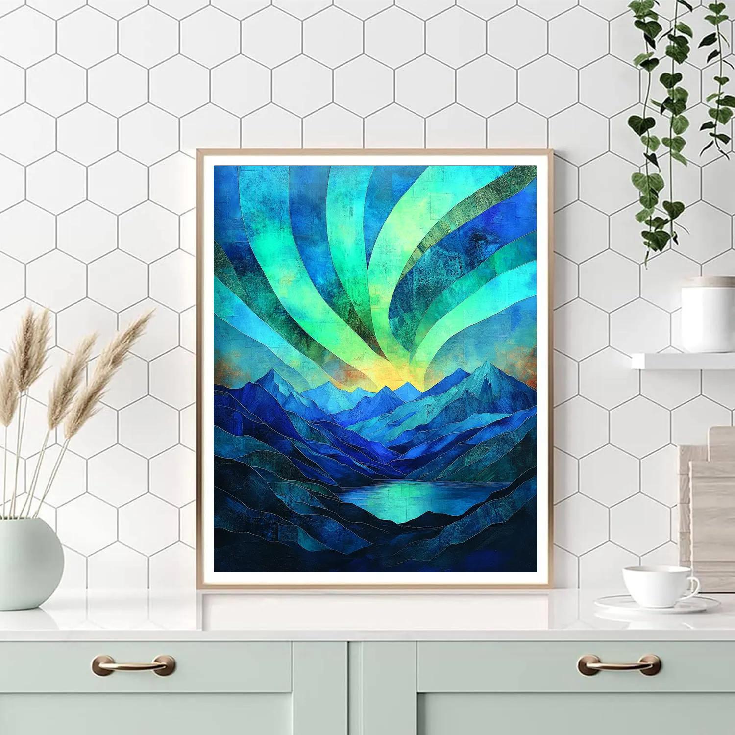 Frederick Varley Inspired Aurora Split Over Iron Blue Peaks paint by number