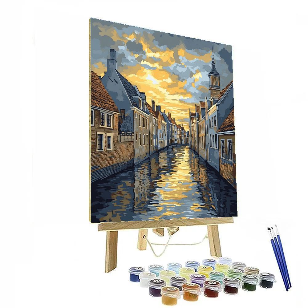 Johannes Vermeer Inspired Delft Canal Reflections Beneath Overcast Gold Paint by numbers kits