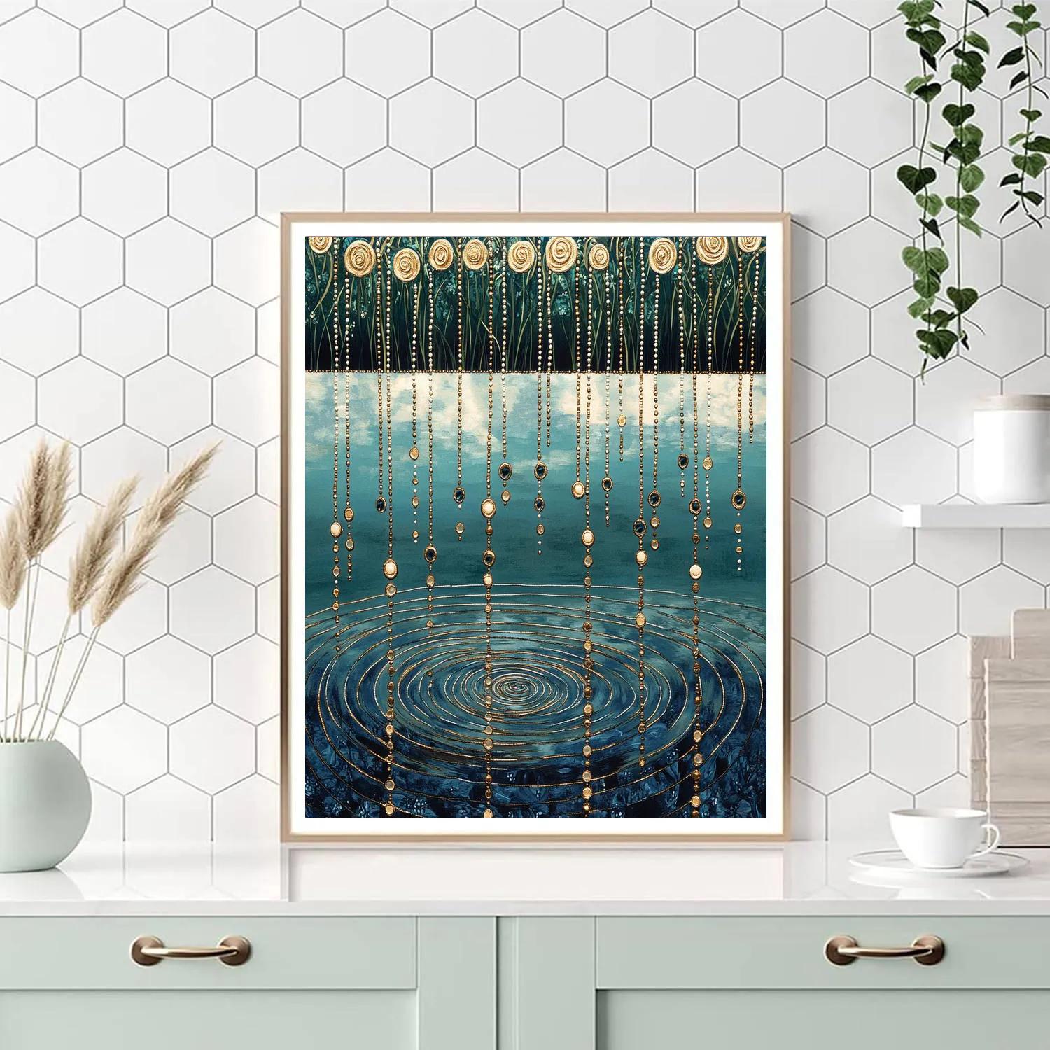 Gustav Klimt Inspired Gilded Rain Pattern Over Quiet Lake paint by color