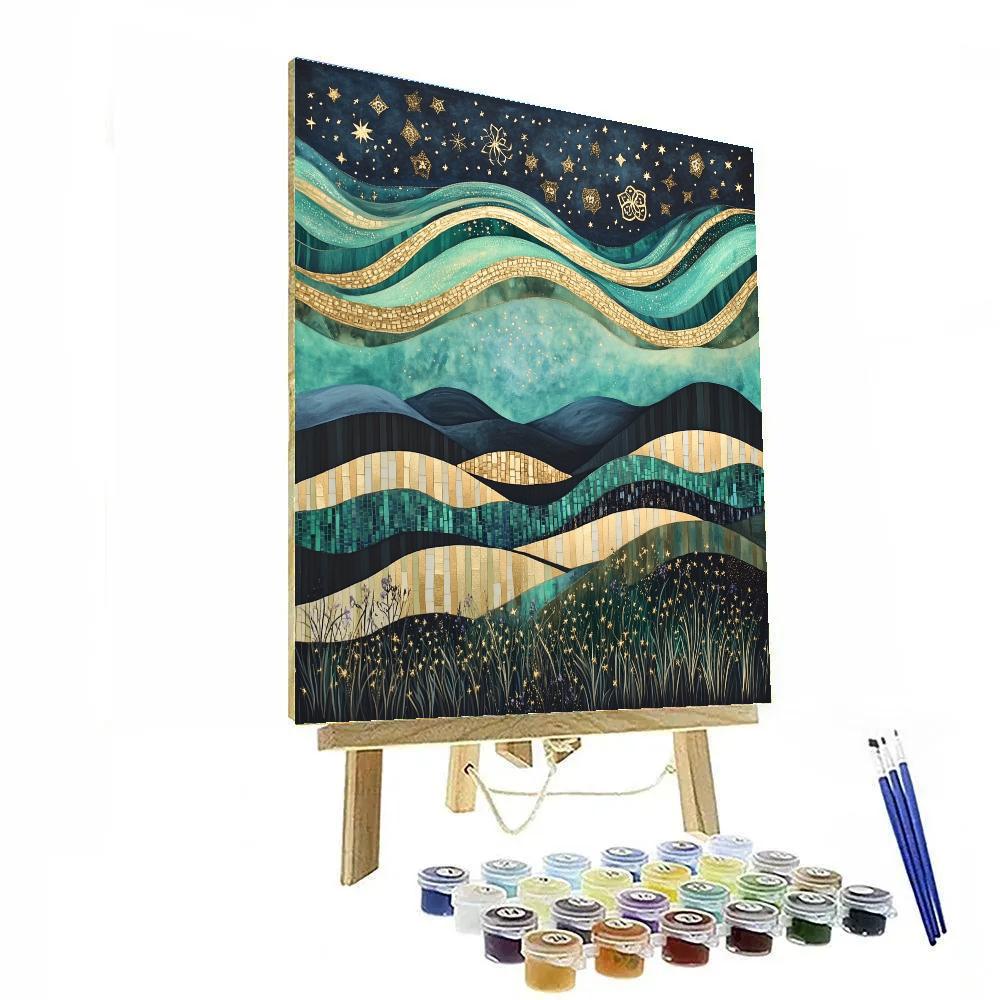 Gustav Klimt Inspired Aurora Over Geometric Hills Paint by numbers kits