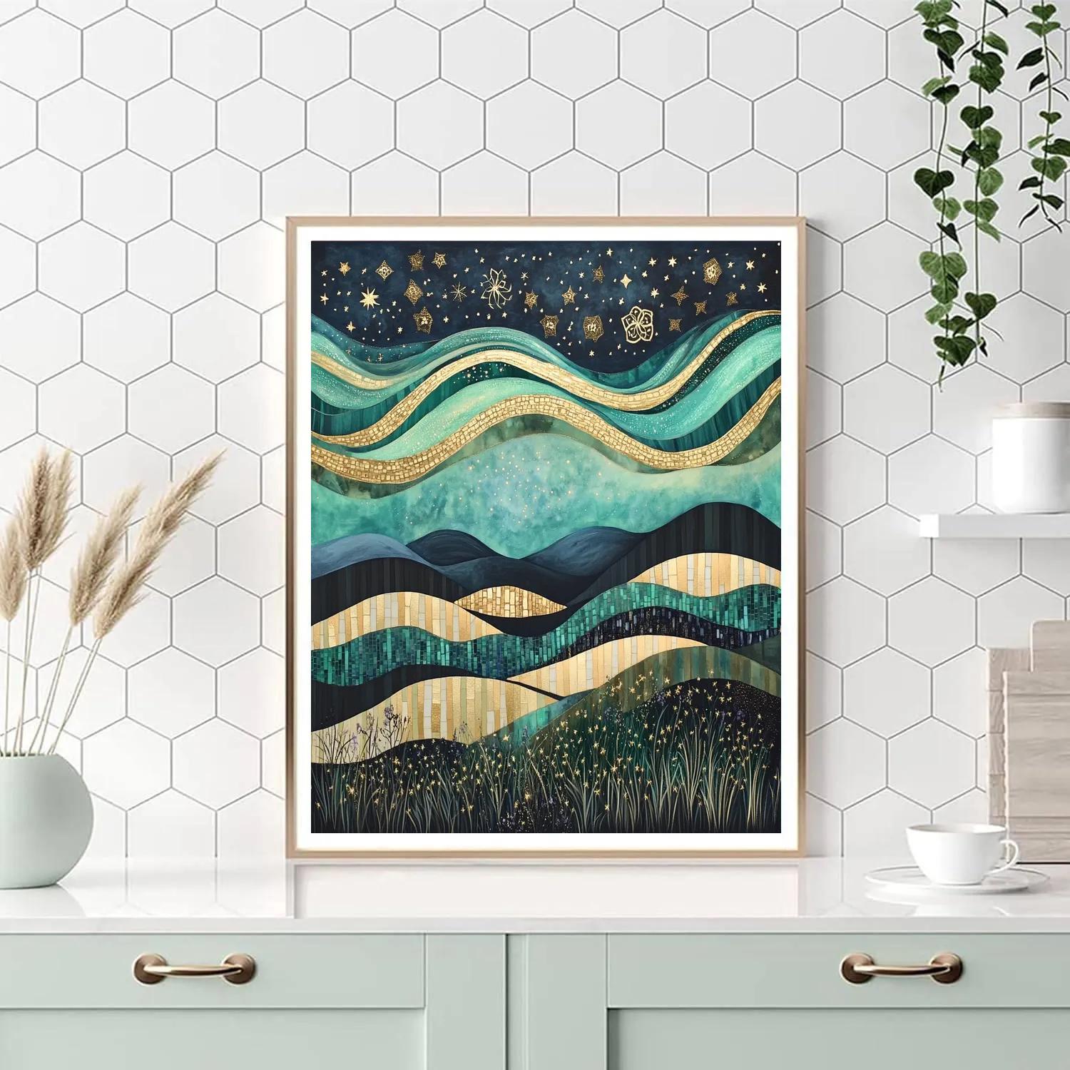 Gustav Klimt Inspired Aurora Over Geometric Hills Paint by numbers kits
