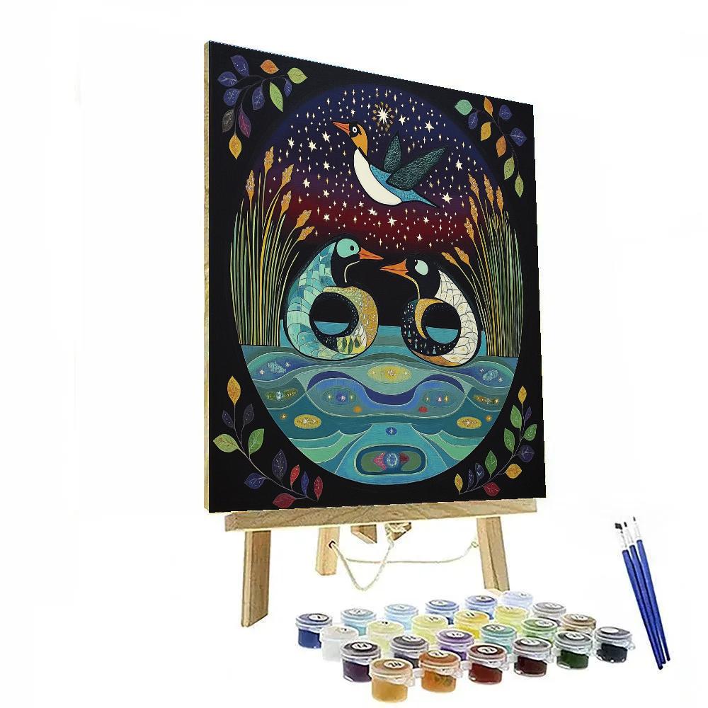 Norval Morrisseau Inspired Constellation Lake With Spirit Fish And Star Loon Number painting