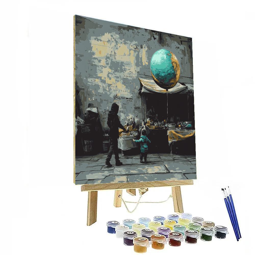 Banksy Inspired Street Market With Floating Planet Balloon DIY paint by numbers