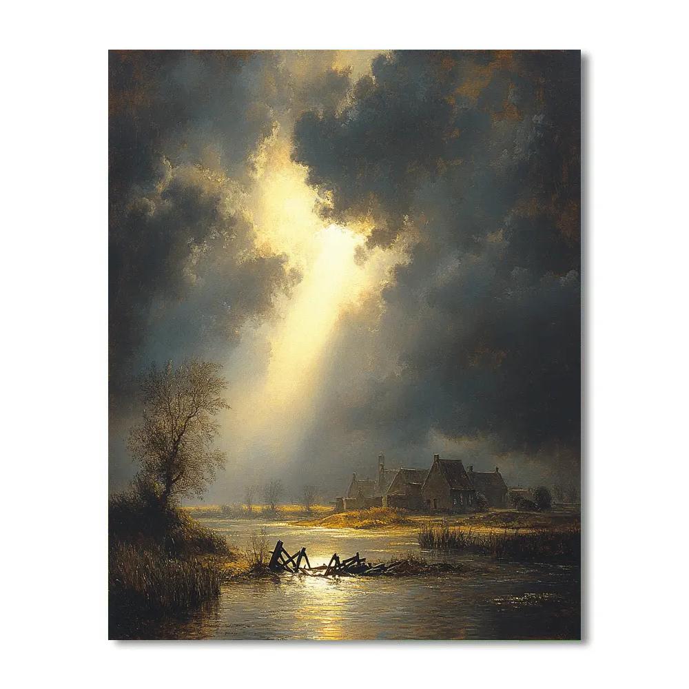 Rembrandt Inspired Beacon Of Light Through A Ruined Dike Gate paint by number