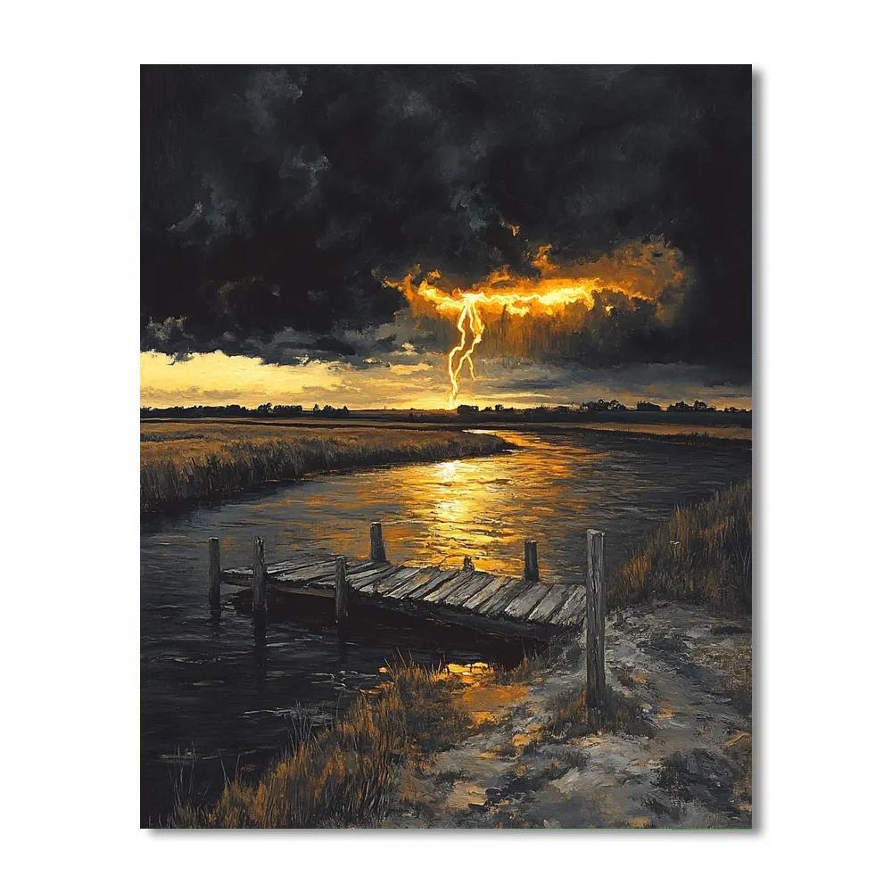 Rembrandt Inspired Midnight River Bend Under A Split Thundercloud painting number kit
