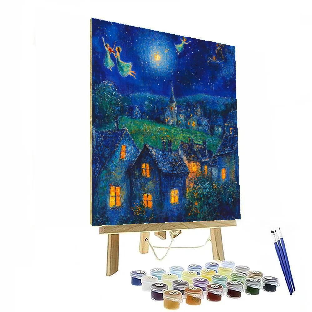 Marc Chagall Inspired Lovers Over Village At Night paint by color