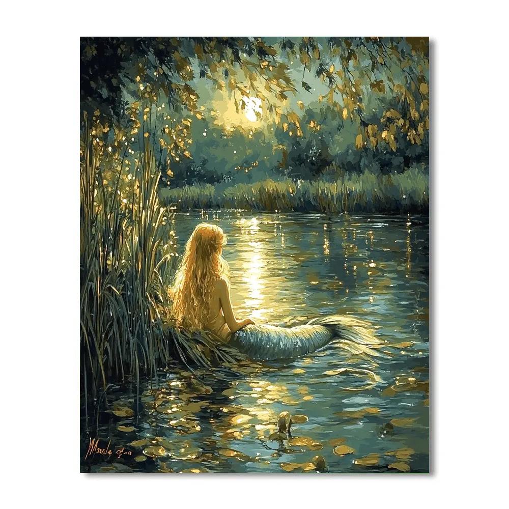 John William Waterhouse Inspired Mermaid By Moonlit River Number painting