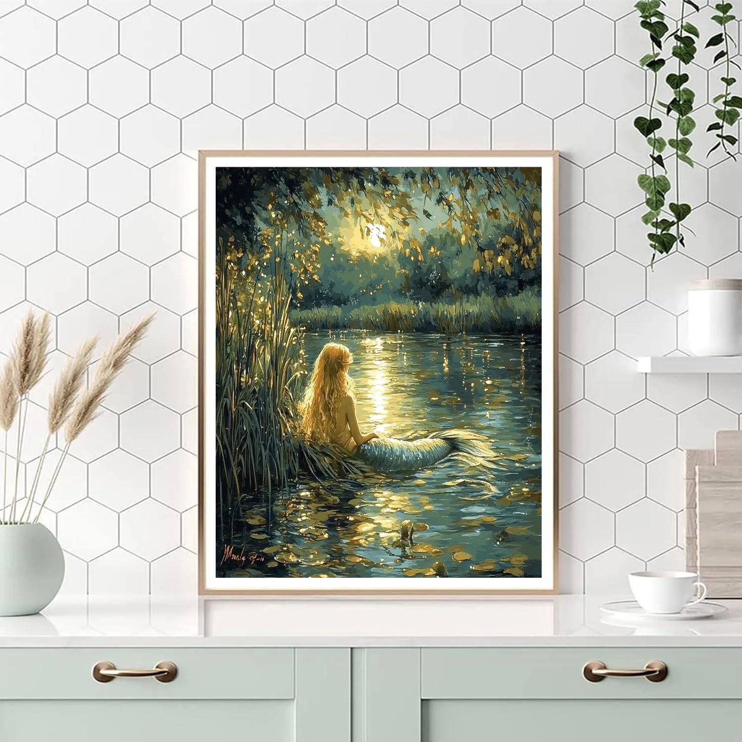 John William Waterhouse Inspired Mermaid By Moonlit River Number painting