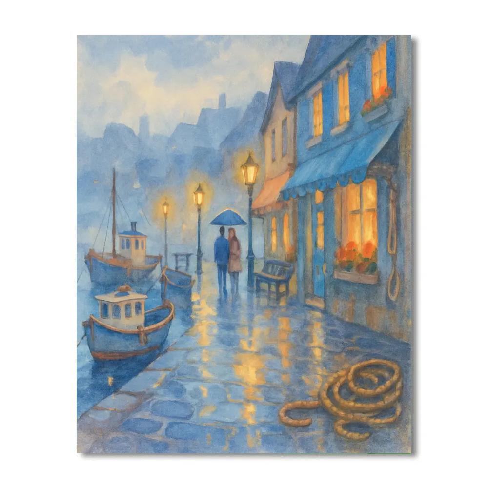 Rainwarm Harbor Promenade At Blue Hour paint by color