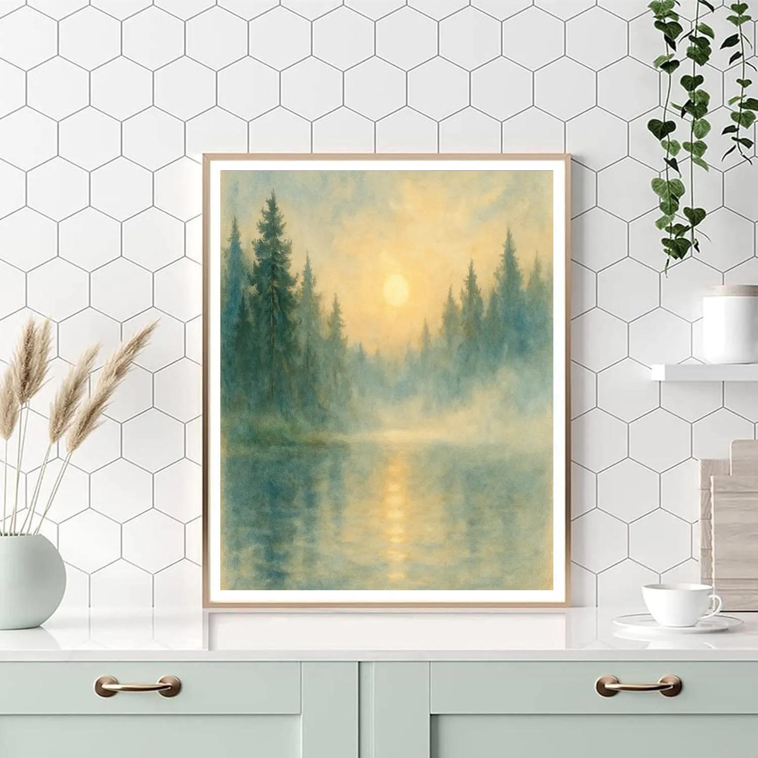 Misty Sunrise Over The Pine Ring Lake Numbered painting kits