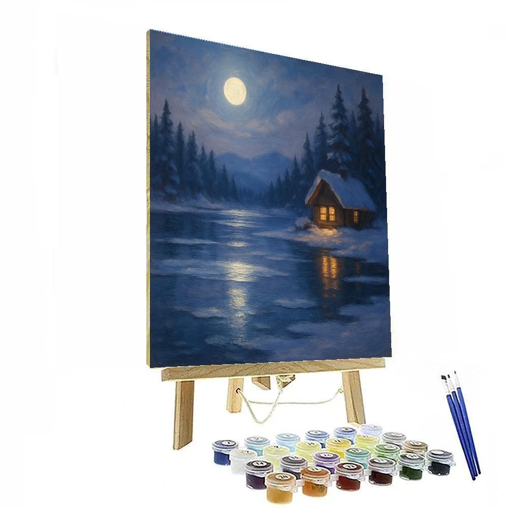 Moonlit Snow Lake With Quiet Cabin Glow Numbered painting kits