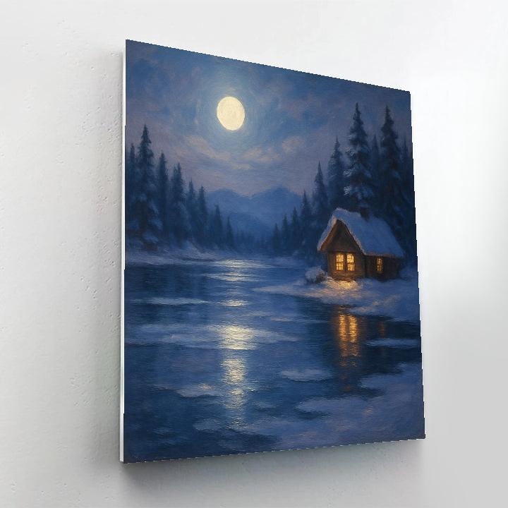 Moonlit Snow Lake With Quiet Cabin Glow Numbered painting kits
