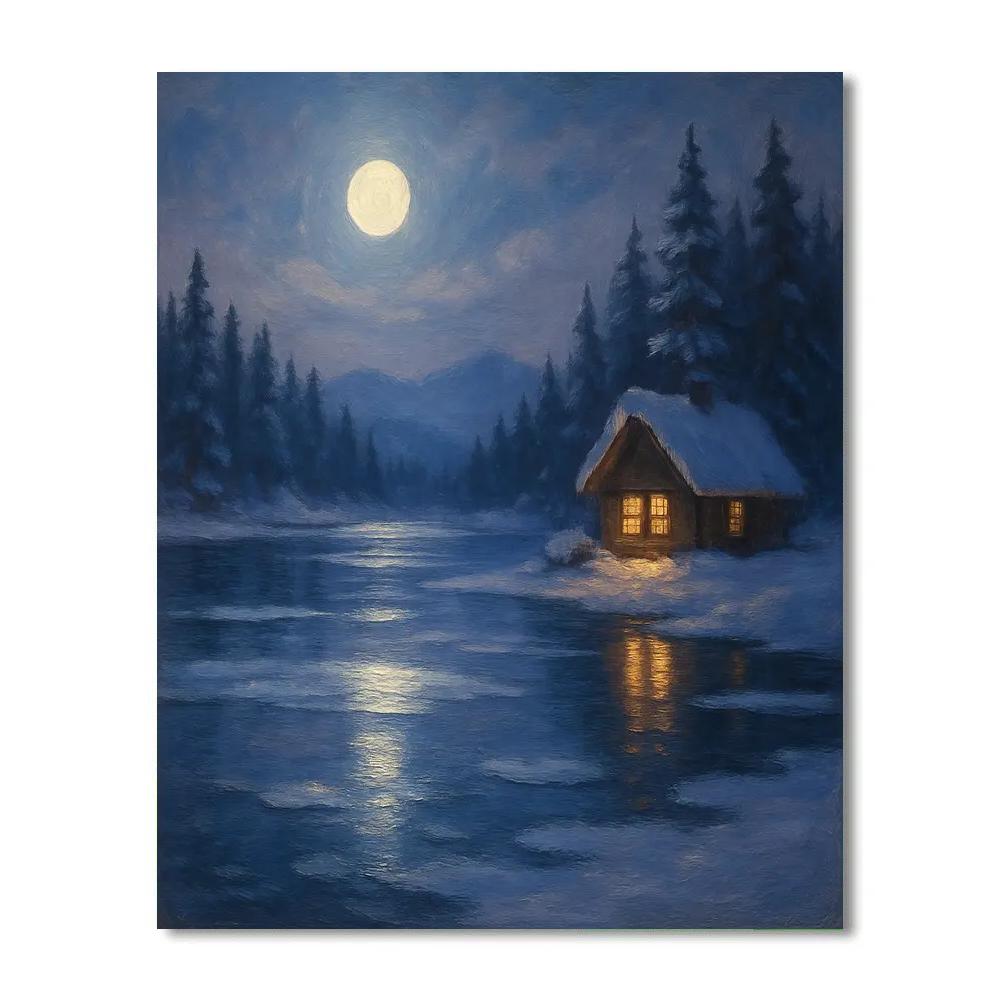 Moonlit Snow Lake With Quiet Cabin Glow Numbered painting kits
