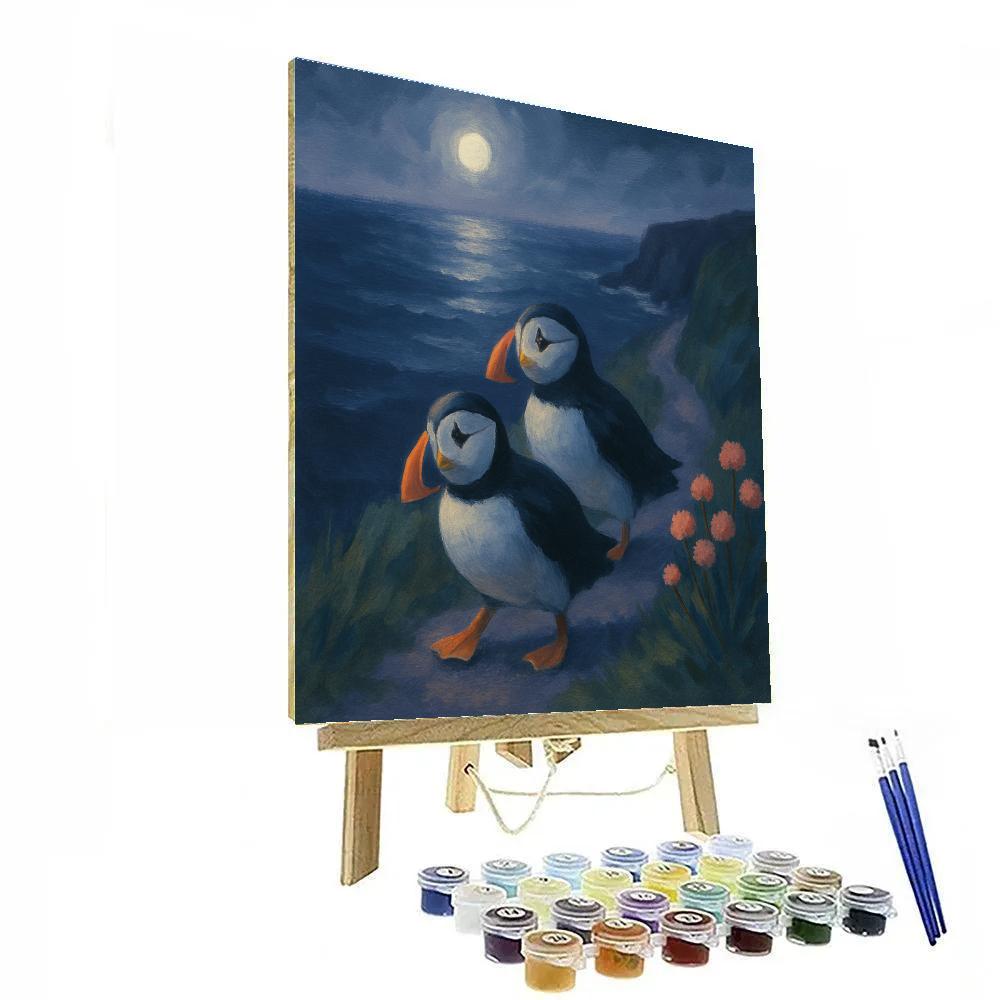 Moonlit Puffins On The Cliff Path Numbered painting kits
